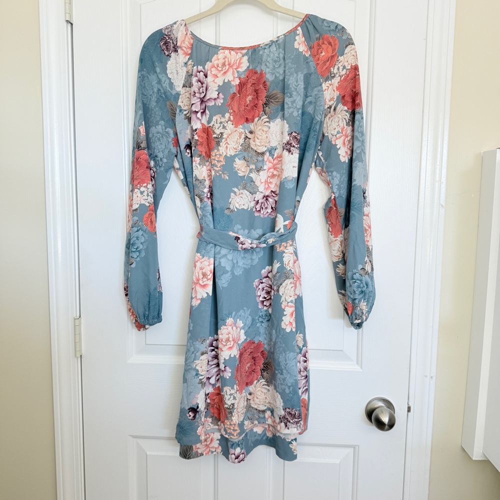 Jade Johnny Was Floral Long Sleeve Dress in Blue and Pink with Belt and Tassels - Picture 7 of 12